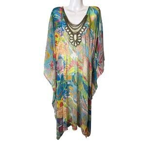 Sol & Mer Beach Swim Cover-Up L/XL Sheer Maxi Dress Caftan Batwing Sleeve Resort